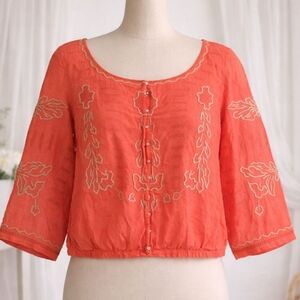 FREE PEOPLE CORAL EMBRPIDERED BOHO TOP